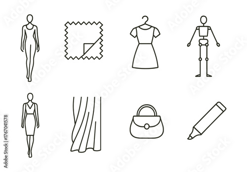 Line vector icons of fashion illustration: model figure, fabric swatch, clothing line, pose guide, design sketch, drapery lines,