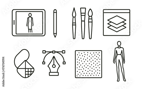 Line vector icons of fashion illustration tools: digital tablet, stylus, brush set, layer panel, color picker, pen tool, texture