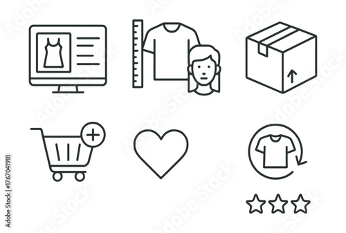 Line vector icons of e-commerce fashion: product page, size guide, virtual try-on, delivery box, return policy, add to cart,