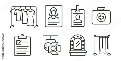 Line vector icons of fashion show backstage: clothes rack, model card, name badge, emergency kit, final checklist, lighting cue,