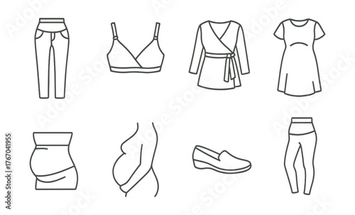Line vector icons of maternity fashion: maternity jeans, nursing bra, wrap top, pregnancy dress, belly band, baby bump icon,