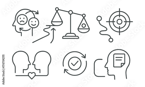 Line vector icons of mental wellbeing: emotional shift, resilience scale, awareness path, focus tracker, connection line, safe