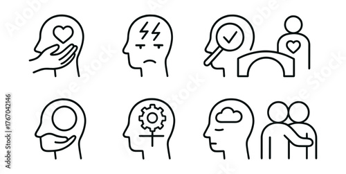 Line vector icons of mental wellbeing: emotional validation, inner conflict icon, decision clarity, empathy bridge, self-trust,