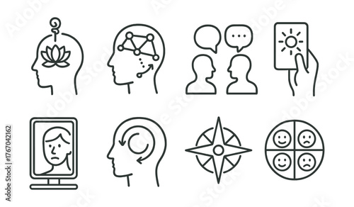 Line vector icons of mental wellbeing: guided intention, insight map, supportive dialogue, awareness card, emotion mirror, mental