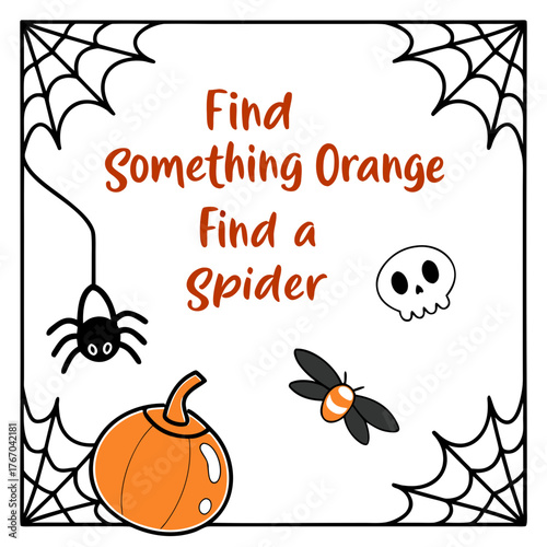 Halloween scavenger hunt game with spider, pumpkin, and skull