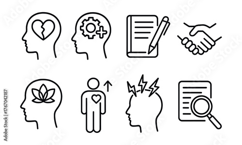 Line vector icons of mental wellbeing: grief symbol, positive mindset tool, journaling icon, trust building, mindful awareness,