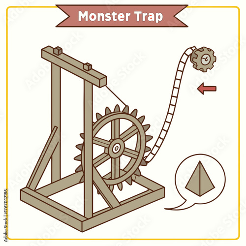 Monster trap illustration with gear wheel