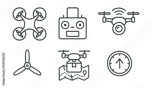 Line style icons of scientific drones: quadcopter, drone controller, GPS signal, aerial camera, propeller icon, drone flight map,