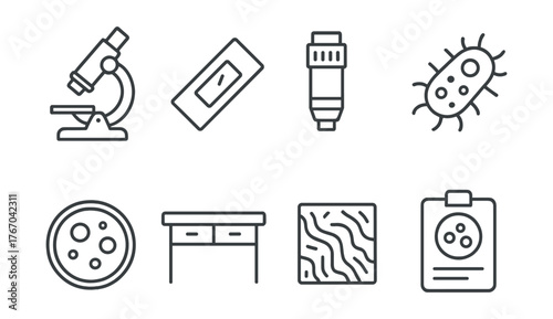 Line style icons of microscopic research: microscope, slide glass, zoom lens, bacteria icon, petri dish, lab table, tissue sample,