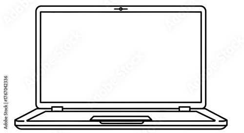 Vector line drawing of an open laptop with a blank display. This simple outline icon symbolizes digital technology, remote work, and modern communication