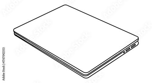 A simple, clean, white line drawing of a closed laptop, angled to show the side with subtle details of its construction and ports, ideal for tech and design concepts