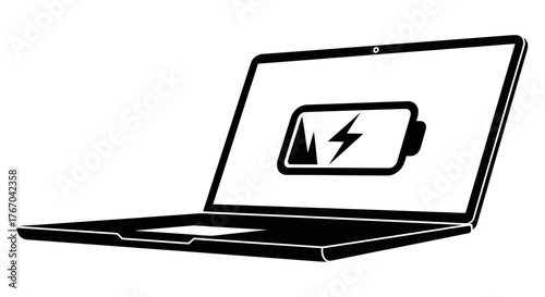 Essential electronic device status A vector illustration of a laptop with a prominent battery charging icon on its screen, signifying power replenishment and operational readiness for seamless use