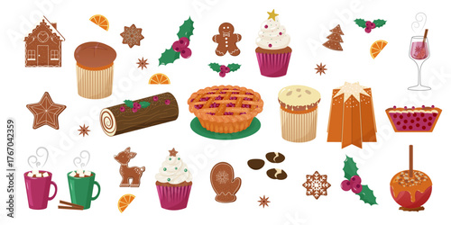 Christmas baking collection. Hand-drawn watercolor Illustrations of holiday sweets: gingerbread, cake, cookies, Pie, cocoa. Winter vector set for banners, menu, social media