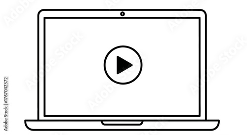 Modern digital laptop device with a prominent play button icon centered on the screen, representing online video content playback, multimedia streaming