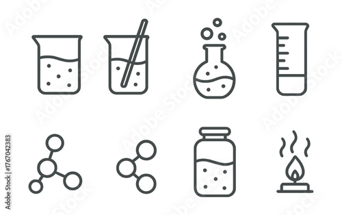Line style icons of chemistry experiments: beaker, mixing rod, reaction bubbles, measuring cup, molecule, chemical bond, gas jar,