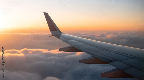 Airplane wing above clouds at sunset with orange and blue sky image
