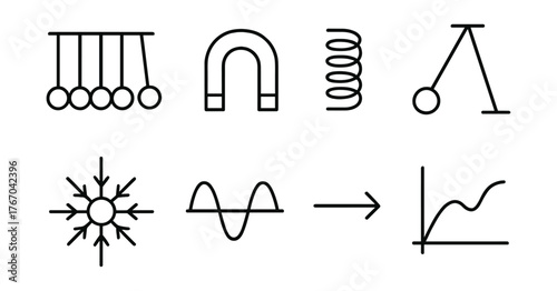 Line style icons of chemistry experiments: beaker, mixing rod, reaction bubbles, measuring cup, molecule, chemical bond, gas jar,
