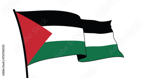Waving flag of Palestine with green, white, and black horizontal stripes and a red triangle on the left, symbolizing national identity and heritage