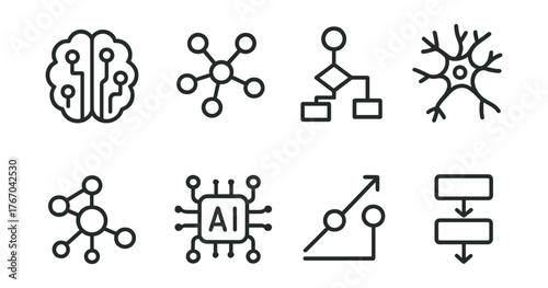 Line style icons of neural networks: brain circuit, connected nodes, logic flow, neuron pathway, network web, AI model, prediction