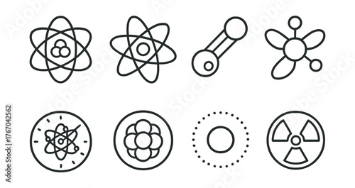 Line style icons of atomic research: atom core, orbiting electrons, isotope icon, quantum state, atomic clock, nucleus model,