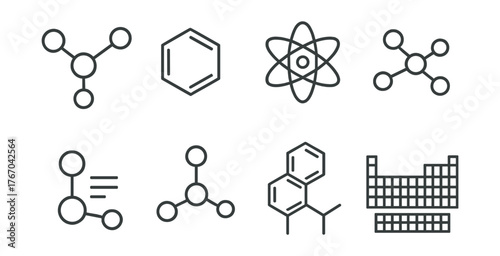 Line style icons of molecular structure: atom bond, hexagon ring, electron cloud, reaction chain, compound formula, molecule icon,