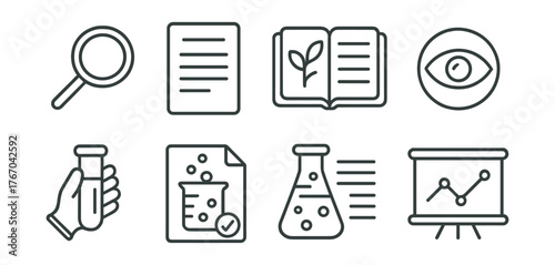 Line style icons of scientific investigation: magnifying glass, data sheet, field notes, observation icon, sample collection, test