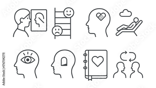 Line vector icons of mental wellbeing: reflection board, emotional ladder, trauma recovery, relaxation icon, deep awareness,