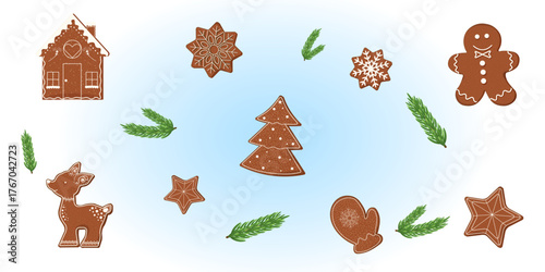 Christmas gingerbread collection on light blue background. Flat design with festive cookies, fir branches, house, snowflakes, reindeer. Winter vector illustration for greeting cards, banners, menu
