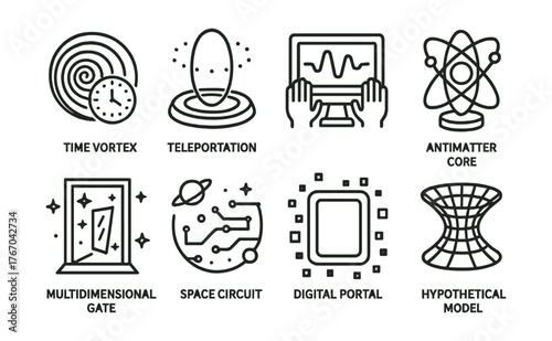 Line style icons of futuristic science: time vortex, teleportation ring, quantum interface, antimatter core, multidimensional gate