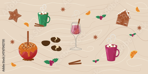Christmas winter market food collection. Flat illustration on wooden background hot drinks, gingerbread, roasted chestnuts, berries. Vector illustration for menu, celebration, cards