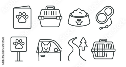 Line vector icons of pet-friendly travel: pet passport, carrier bag, food bowl, leash, pet-friendly sign, dog in car, walking
