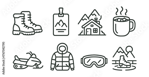 Line vector icons of winter travel: snow boots, ski pass, mountain cabin, hot chocolate cup, snowmobile, winter coat, ski goggles,