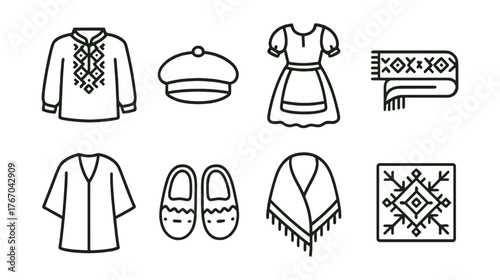 Line style icons of traditional clothing: embroidered shirt, national hat, folk dress, patterned belt, cultural robe, traditional