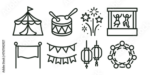 Line style icons of folk festivals: festival tent, cultural drum, fireworks, stage with dancers, parade banner, flag garland,