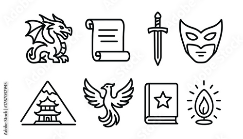 Line style icons of myth and legend: dragon, ancient scroll, mystical sword, hero mask, mountain temple, phoenix bird, story book,