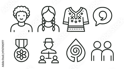 Line style icons of ethnic identity: ethnic face, hairstyle, ornamented garment, language bubble, cultural badge, folk lineage,