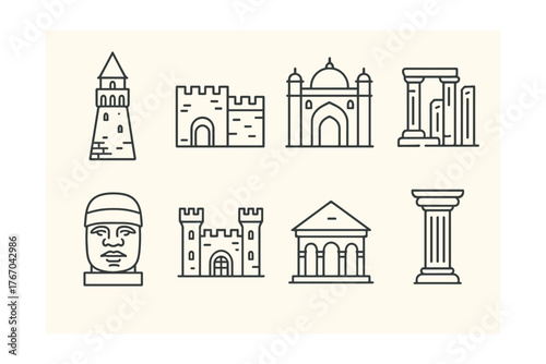 Line style icons of historic monuments: old tower, fortress wall, palace gate, ancient ruins, stone statue, castle icon, heritage