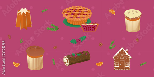 Christmas desserts on pink snowflake tablecloth. Flat design with fruit pie, pandoro, panettone, yule log, gingerbread house, oranges. Vector illustration set for banners, social media, menu