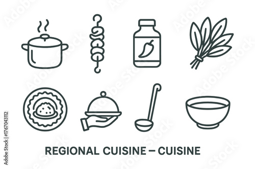 Line style icons of regional cuisine: stew pot, grilled skewer, spice jar, herb bundle, national plate, serving hand, cooking