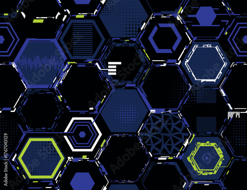 Seamless futuristic hexagon pattern in dark blue, neon green tones. Digital abstract texture with geometric grid and tech-inspired shapes. for sporty t-shirt prints, gaming, wrapping paper. 