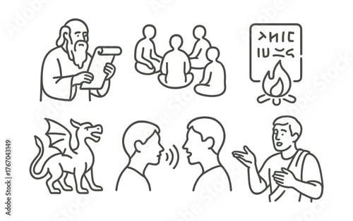 Line style icons of historical storytelling: elder storyteller, scroll in hand, gathered listeners, ancient script, symbolic flame