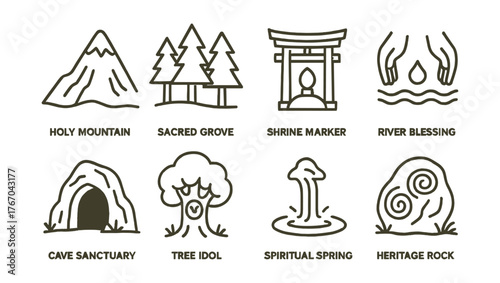 Line style icons of spiritual landmarks: holy mountain, sacred grove, shrine marker, river blessing, cave sanctuary, tree idol,