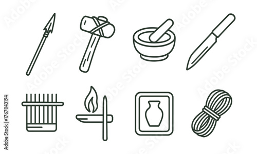 Line style icons of native tools: fishing spear, stone axe, grinding stone, thatch knife, weaving tool, fire stick, clay mold,