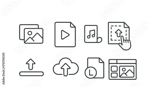 Line style icons of media uploads: photo library, video file, music clip, drag-and-drop, upload progress, cloud icon, file type