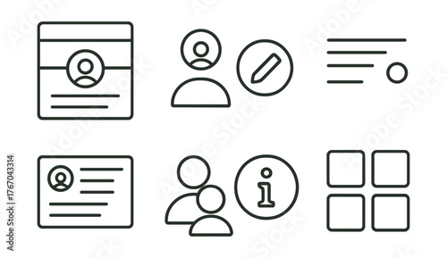 Line style icons of profile pages: personal banner, username icon, edit button, recent activity, public posts, friends tab, about