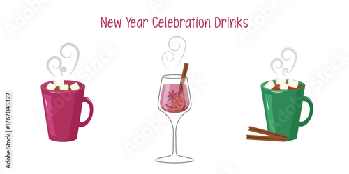 Christmas warm beverages set. Flat illustration of mulled wine and hot chocolate cups isolated on clean white background. Winter vector collection for menu, banners, social media