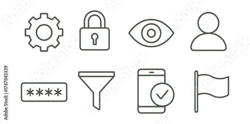 Line style icons of privacy controls: settings gear, lock icon, visibility toggle, account control, password field, content filter
