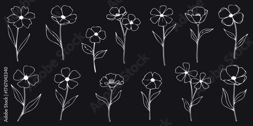 Collection of delicate flower silhouettes with intricate petal details in a grayscale pattern vector