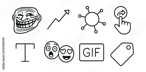 Line style icons of memes and trends: meme face, trending arrow, viral icon, share sticker, text overlay, reaction combo, gif icon