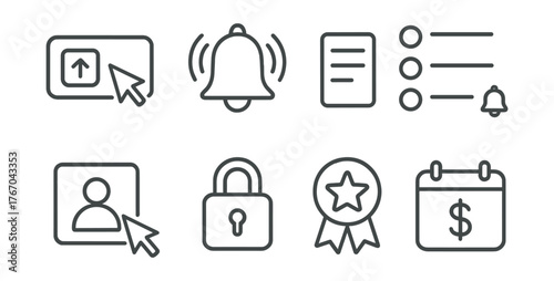 Line style icons of subscription features: subscribe icon, bell ring, channel list, notification toggle, follow update, content